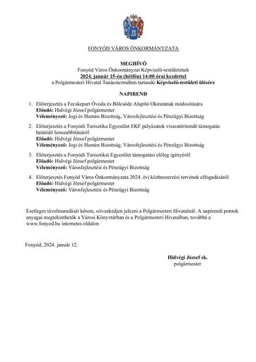 Meghívó Fonyód Város Önkormányzat Képviselő testülete 2024.01.15.