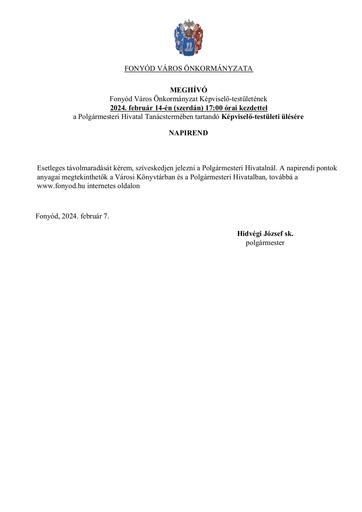 Meghívó Fonyód Város Önkormányzat Képviselő testülete  2024.02.14